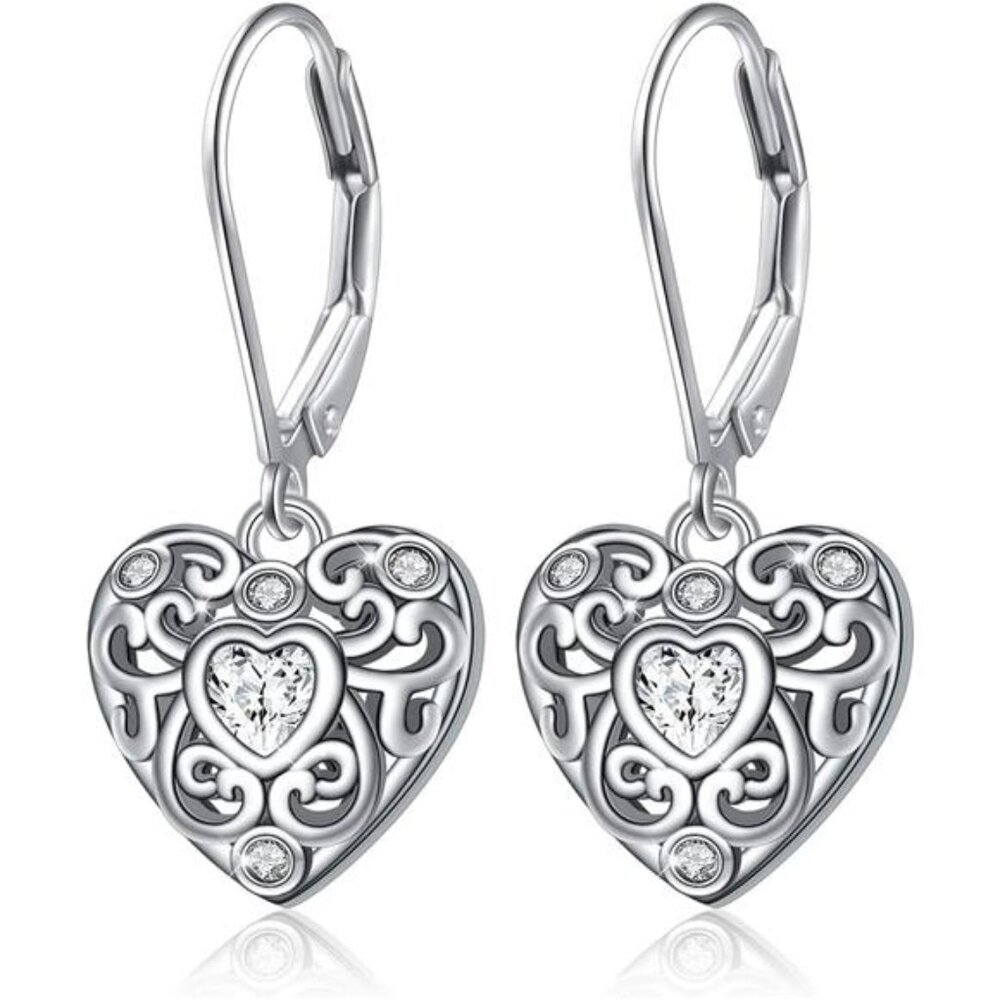 S925 Sterling Silver Heart Dangle Drop Leverback Clasp Lever back Earring